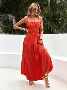 SHEIN VCAY Solid Color Vacation Halter Neck Backless Strap Sundress - Burnt Orange - View 6