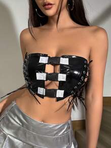 SHEIN Unity Women's Eyelet Tie Front Bandeau Top - Black - View 3