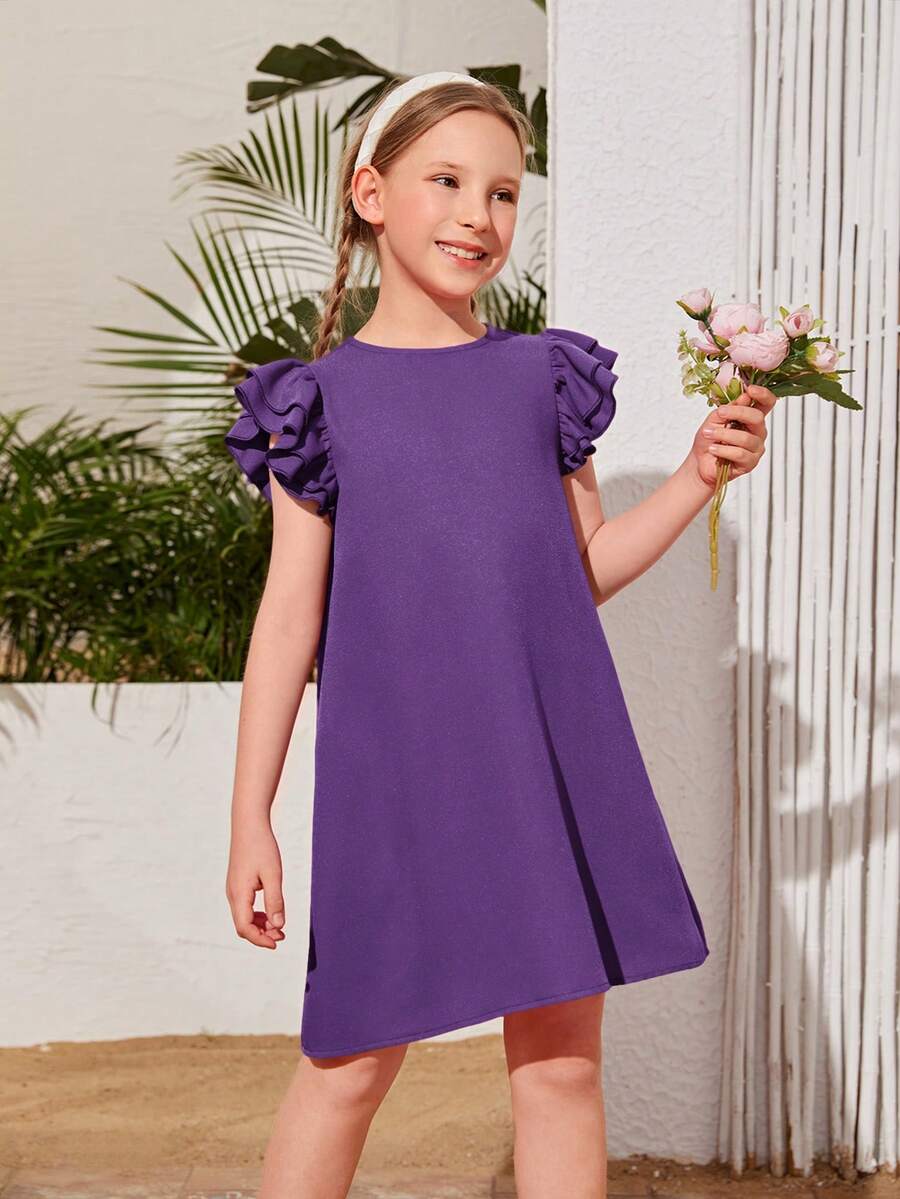 SHEIN Vestido informal para niña preadolescente de unicolor tejido con volantes - Morado - Ver 1