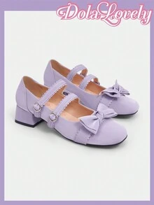 Dola Lovely 女士紫色雙帶瑪莉珍泵鞋,方頭粗跟帶扣心形細節,時尚高跟鞋 - 紫色 - 查看 6