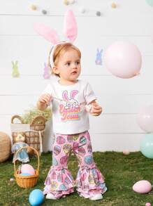 SHEIN Baby Girl Easter Cute Cartoon Pattern Short Sleeve Ruffle Top And Flared Pants Set