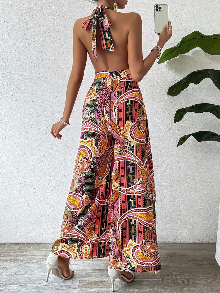 Women's Halter Neck Tie Waist Jumpsuit With Paisley Print