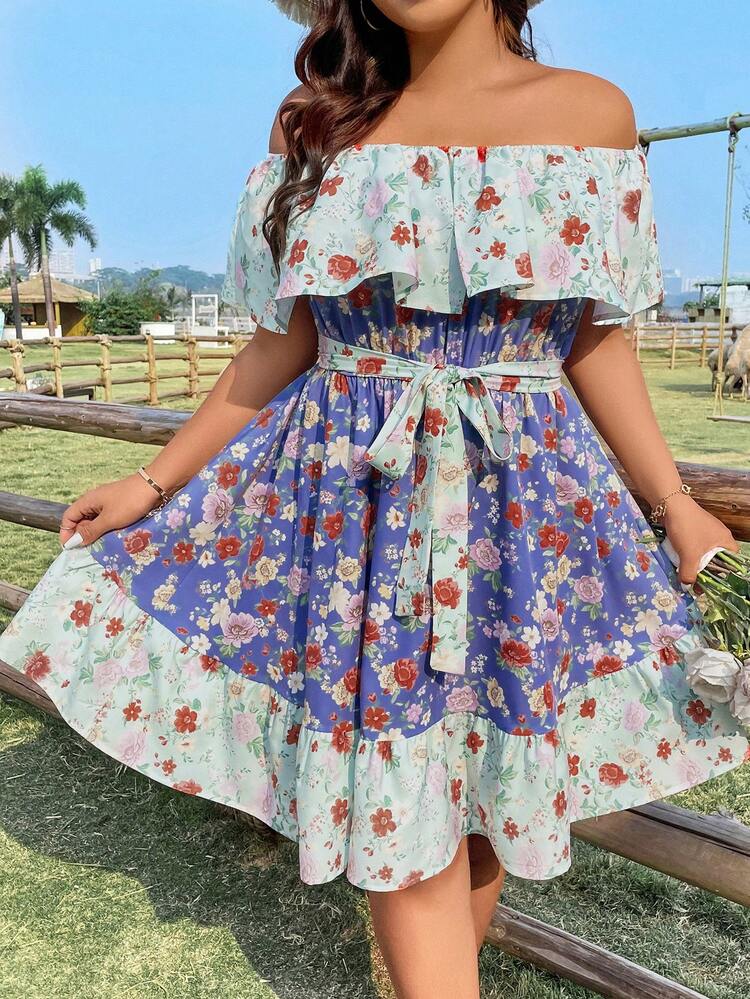 Plus Size Color Block Floral Printed Off Shoulder Dress