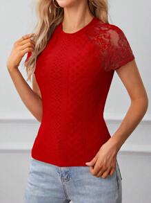 SHEIN Frenchy Quý cô Ren Vá lại Tay Raglan Áo thun - Đỏ - Xem 5
