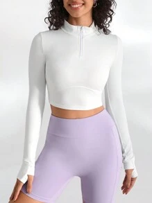 SHEIN Sports 純色拉鍊開襟半扣合修身運動衫 - 白色 - 查看 1