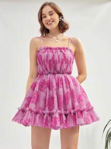 Enchnt Frill Trim Floral Mesh Cami Dress - Hot Pink - View 3