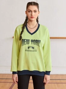 Gameset SHEIN Sport Letter Print Contrast Trim V-Neck Sweatshirt - Yellow - View 5