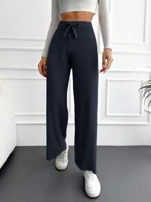 SHEIN Cottnline Ladies' Tie Waist Ribbed Wide Leg Pants - Navy Blue - View 5