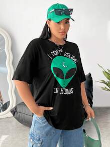 SHEIN EZwear Plus Alien & Slogan Graphic Drop Shoulder Tee - Black - View 4