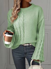SHEIN LUNE Áo len nữ tay chuông dệt kim kiểu cáp, áo len chui đầu mùa thu đông. - Màu xanh Bạc hà - Xem 4