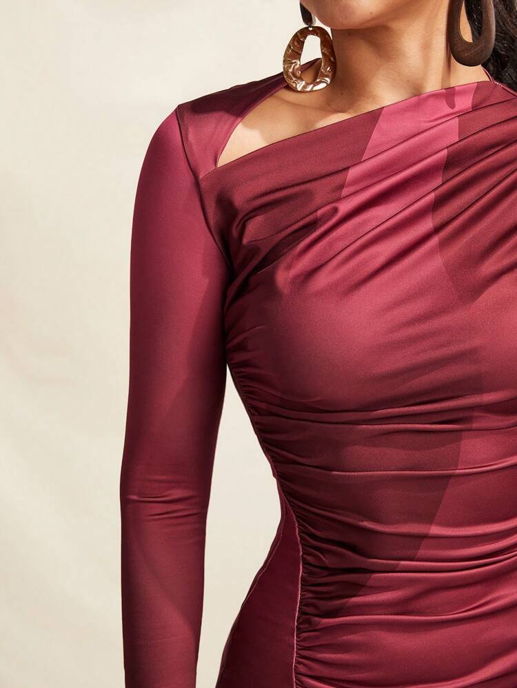 Designer Women's Hollow Out Ruched Split Hem Long Sleeve Elegant Dress, For Holiday, Party, Birthday Outfits, Spring, Festival, Wedding Prom Dress