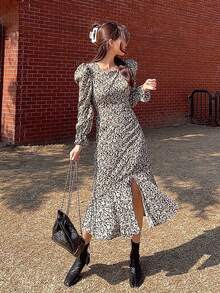 DAZY 女士花卉印花人魚裙,側邊高分裂 - 黑色 - 查看 4