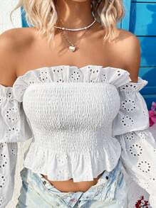 Soleia Của phụ nữ Nếp uốn Off-shoulder Tay áo dài Áo sơ mi Với Lá sen tỉa Chi tiết - trắng - Xem 3