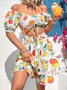 Soleia Của phụ nữ Off Shoulder Ngắn tay Dây rút In trái cây Xu hướng: Cắt giảm Áo liền quần - Nhiều màu - Xem 2