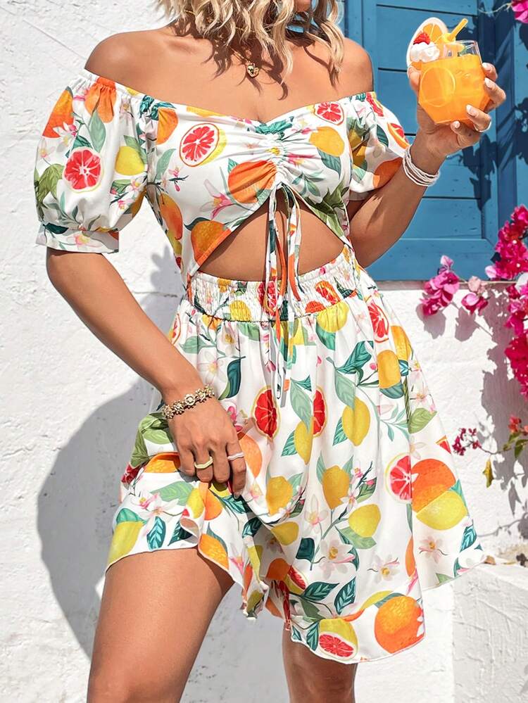 Women's Off Shoulder Short Sleeve Drawstring Fruit Print Hollow Out Jumpsuit