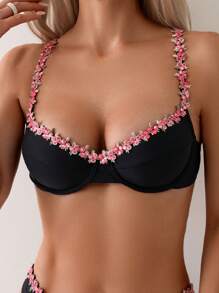 SHEIN Swim Summer Beach Floral Embroidery Patchwork Bikini Set