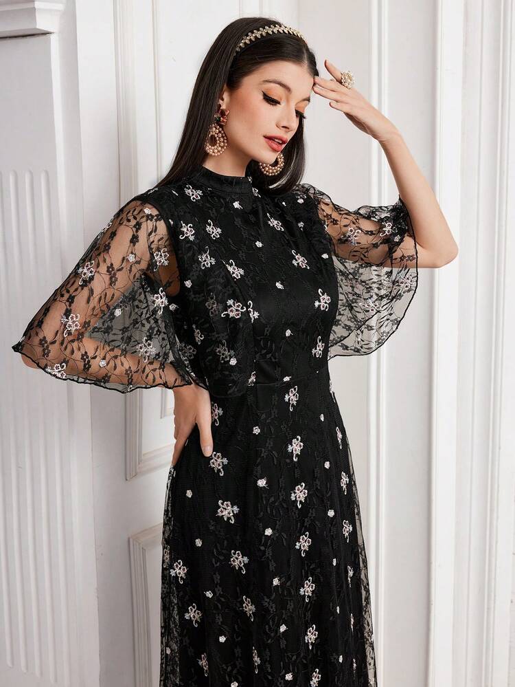 Women's Floral Embroidery Mesh Contrast Loose Casual Dress Long Evening Dresses