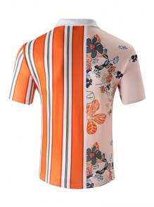 Manfinity RSRT 男款休閒時尚花紋條紋polo衫,翻領和拉鍊設計 - 橘色 - 查看 2