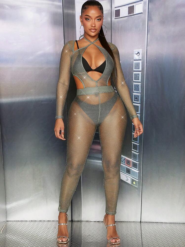 Glitter Mesh Cut Out Bodycon Jumpsuit