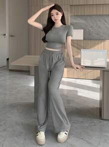 DAZY Bộ đồ hai mảnh mùa hè dành cho nữ, gồm áo thun ngắn tay cổ tròn và quần dài. - Xám - Xem 6