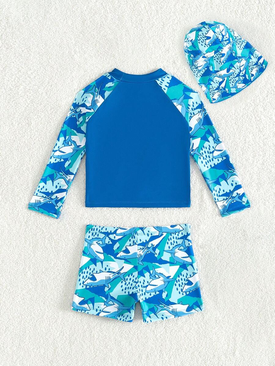 3pcs Baby Boy Swimwear Set With Cute Shark & Undersea World Print, Long