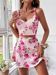 SHEIN VCAY Floral Printed Crop Cami Top And Skirt Vacation 2 Piece Set