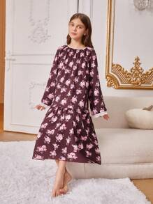 Vestido Feminino Tween Com Estampa Floral Vermelho Vinho Manga Comprida Para Dormir Em Casa