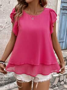 SHEIN LUNE Women's Solid Color Round Neck Pleated Ruffle Trim Decorated Blouse - Hot Pink - View 3