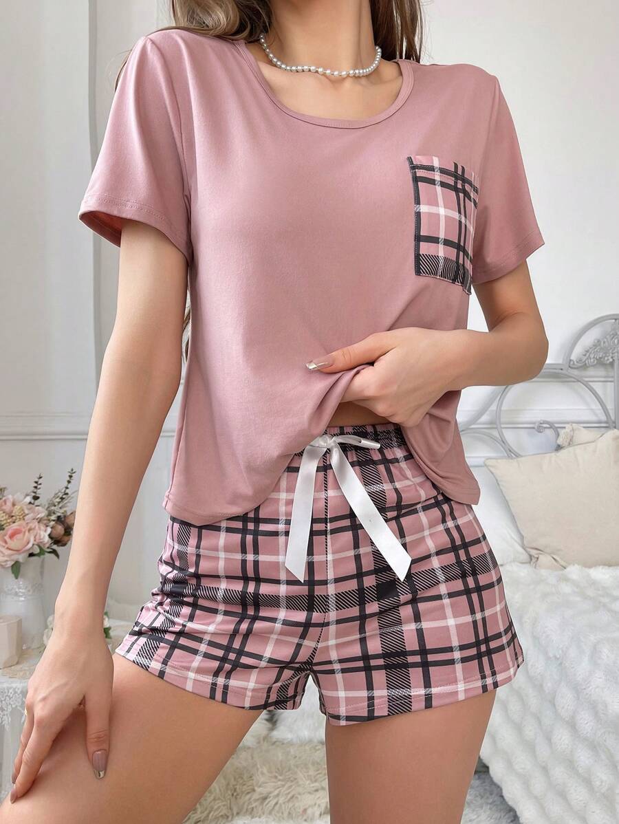 Plaid Print Patch Pocket Sleepwear Set Pajama Set With Plaid Shorts