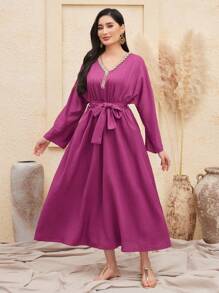 Al Najma Crystal Decorated V-Neck Waist Cinched Dress - Purple - View 5