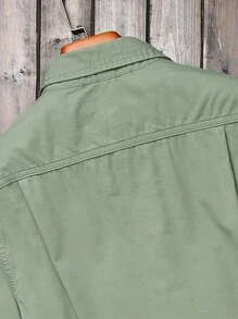 Manfinity Homme Men's Solid Color Long Sleeved Denim Shirt, Button Up Cotton Plain Dark Green Vintage Shirt - Green - View 8
