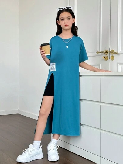 適用於十二歲左右女孩的圓領寬鬆休閒開衩長款t恤