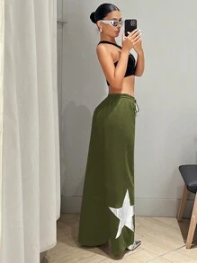 SHEIN ICON Low-Rise Loose Pants With Star Pattern - Army Green - View 5