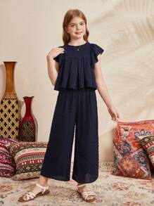 SHEIN Leap Crew 少女宽松休闲彼得潘领荷叶袖上衣和裤子套装