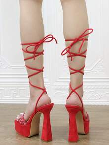 水鑽紅色婚禮/夜總會大 15 公分高防水台防水涼鞋帶肩帶,適合婚禮、派對、約會、模特兒、日常工作 - 紅色 - 查看 2