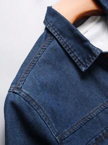 Manfinity Homme 男士翻盖口袋长袖牛仔衬衫，牛仔纽扣纯棉深蓝色工作基本款丈夫外出闲逛大学街头工作，适合秋季 - 藍色 - 查看 4