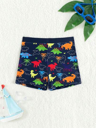 Young Boys' Casual Vacation Cartoon Dinosaur & Palm Tree Print Swim Trunks, Suitable For Beach, Swimming, Surfing, Spring/Summer
