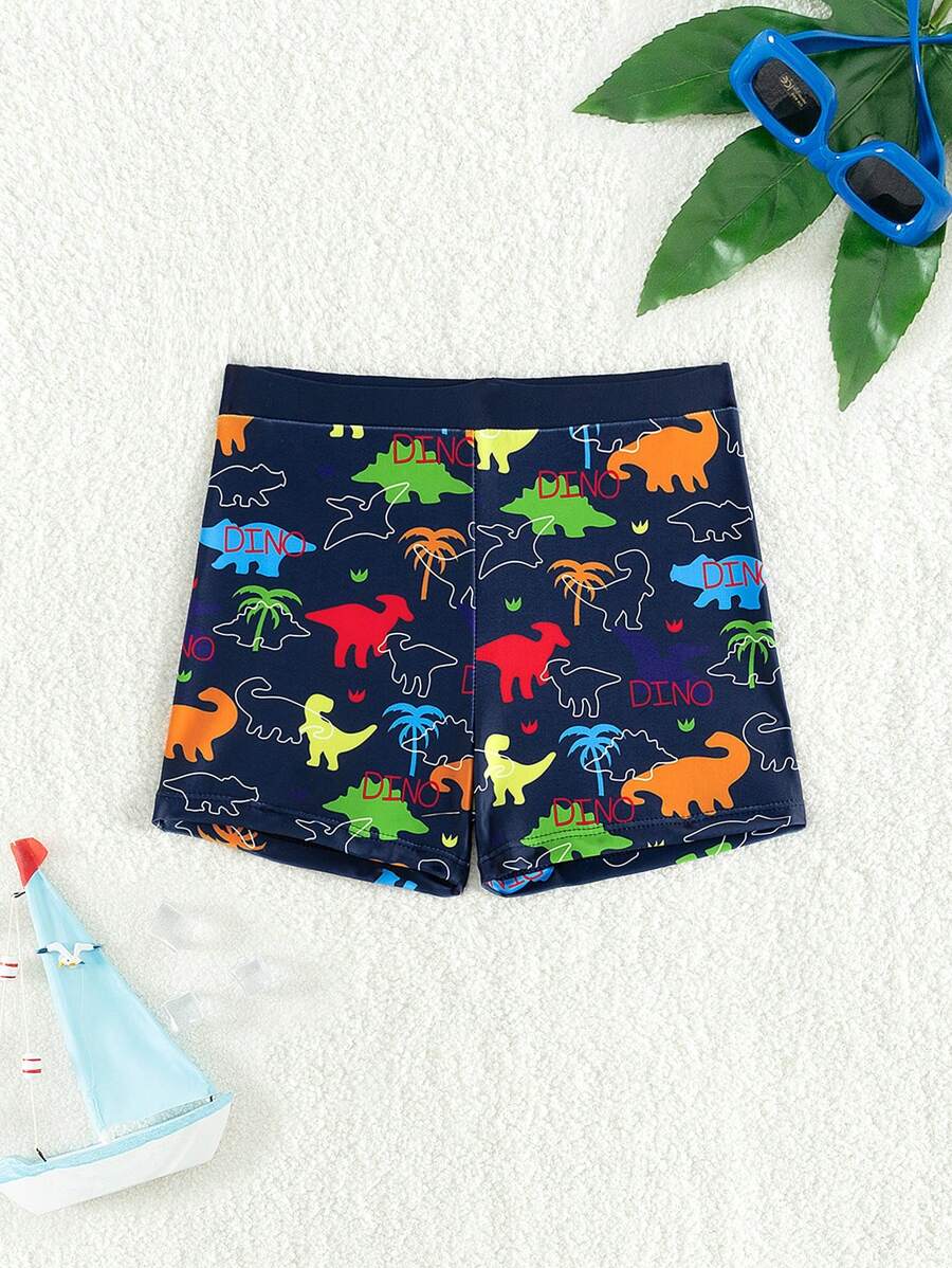 Young Boys' Casual Vacation Cartoon Dinosaur & Palm Tree Print Swim Trunks, Suitable For Beach, Swimming, Surfing, Spring/Summer - Navy Blue - View 1