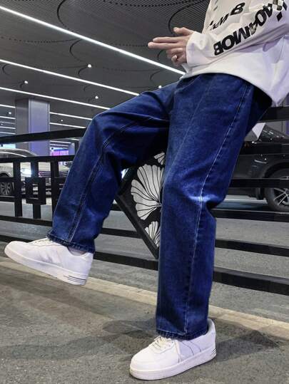 Jeans casual in denim con gamba dritta e vestibilità morbida, con tasche, per uomo taglia grande