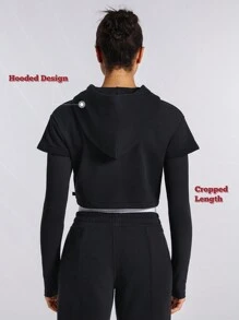 GLOWMODE Everyday Terry 2-In-1 Drawstring Long Sleeve Cropped Hoodie Sweatshirt With Thumbhole - Black - View 2