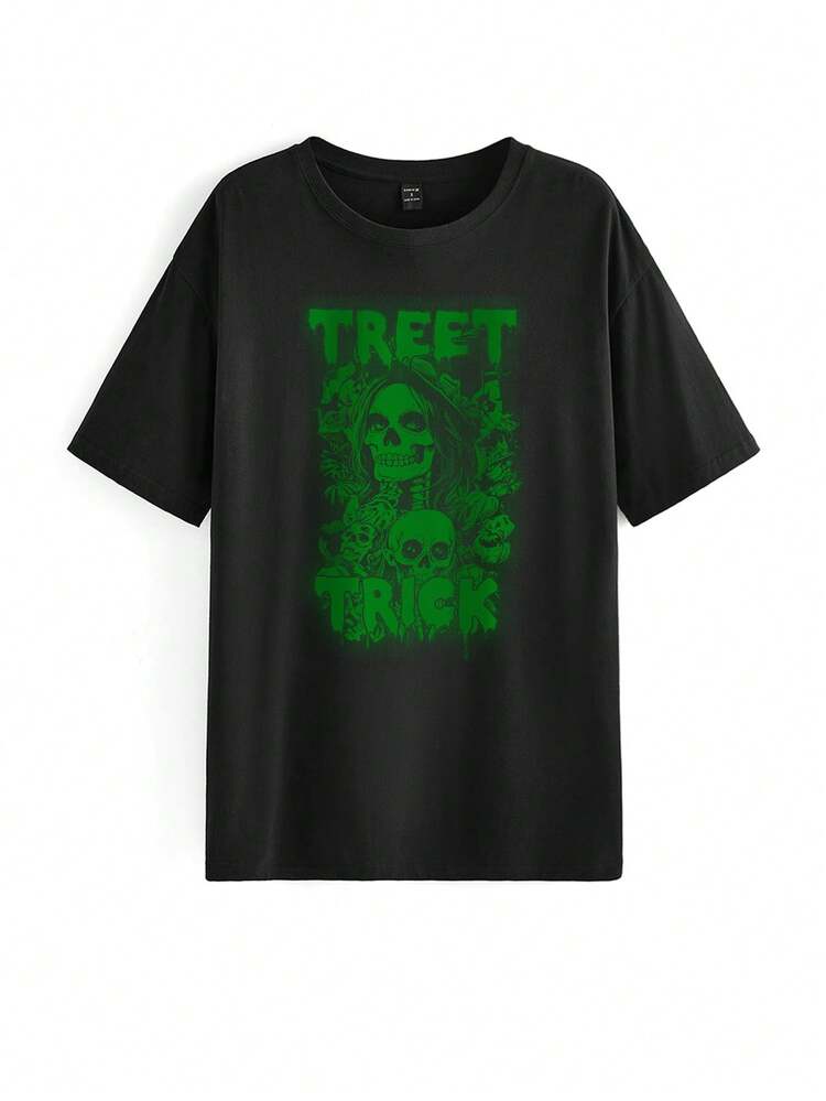 Artist Women's Loose Fit Long T-Shirt With Round Neck & Printed Letters & Skull Graphic Tee For Holiday, Vacation, Spring & Summer, Festival, Ibiza Fits