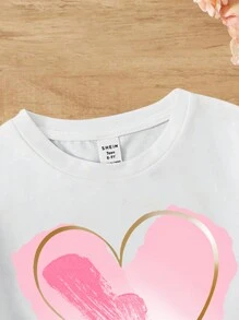 SHEIN Leap Crew Tween Girls' Casual & Simple Heart Pattern Short Sleeve T-Shirt With Round Neckline, Suitable For Summer - White - View 3