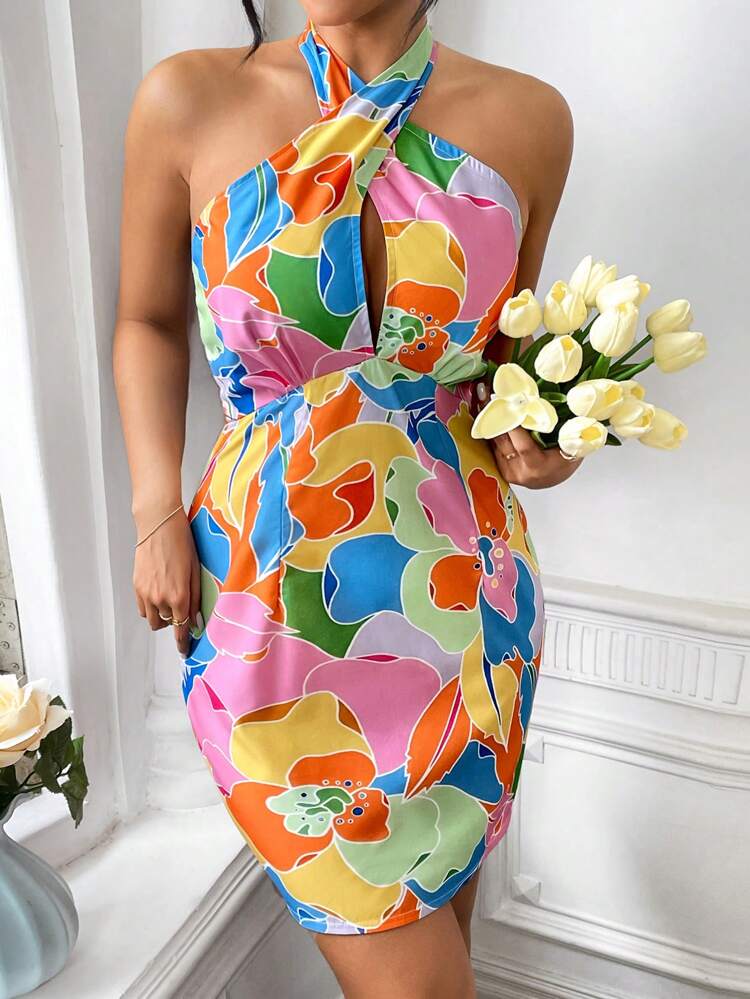 Women's Plunge Neck Full Print Cross Halter Tie Waist Dress