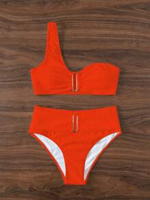 SHEIN Swim Summer Beach Ribbed Bikini Set V Wired One Shoulder Bra & High Waisted Bottom 2 Piece Bathing Suit - Orange - View 6