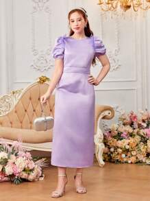 SHEIN 青少年女孩缎面泡泡袖优雅连衣裙 - 紫色 - 查看 1