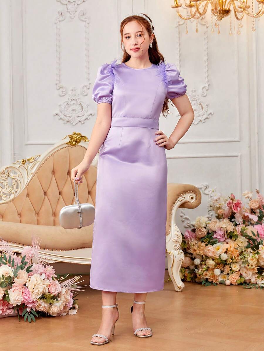 SHEIN 青少年女孩缎面泡泡袖优雅连衣裙 - 紫色 - 查看 1