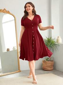 SHEIN Clasi Women's Plus Size Buttoned V-Neck Waist-Cinching Dress