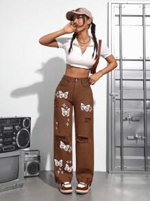 SHEIN PETITE Ladies' Butterfly Print Ripped Jeans