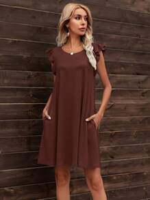 Ruffle Butterfly Sleeve Solid Dress - Navy Blue - View 1