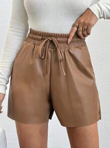 EURMUSE Của phụ nữ Eo dây rút chất liệu da PU Quần short - Lạc đà - Xem 3